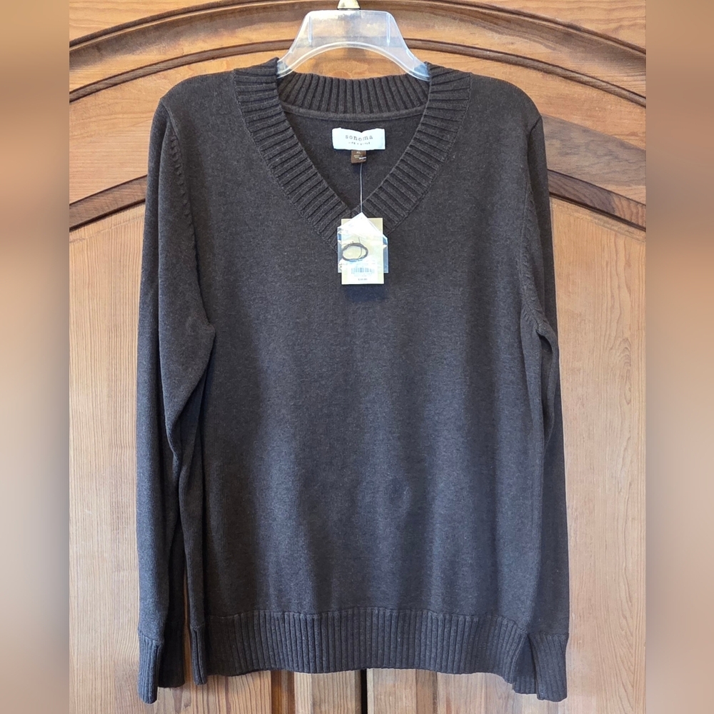 Women's XL Brown V-Neck Sweater Long Sleeve Sonoma NWT $30